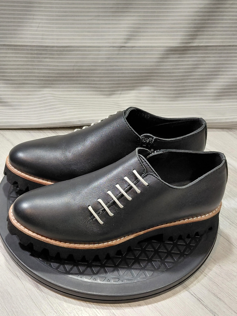 All Black Womens Side Cord Premium Black Leather Oxford White Ladder Lacing EU39